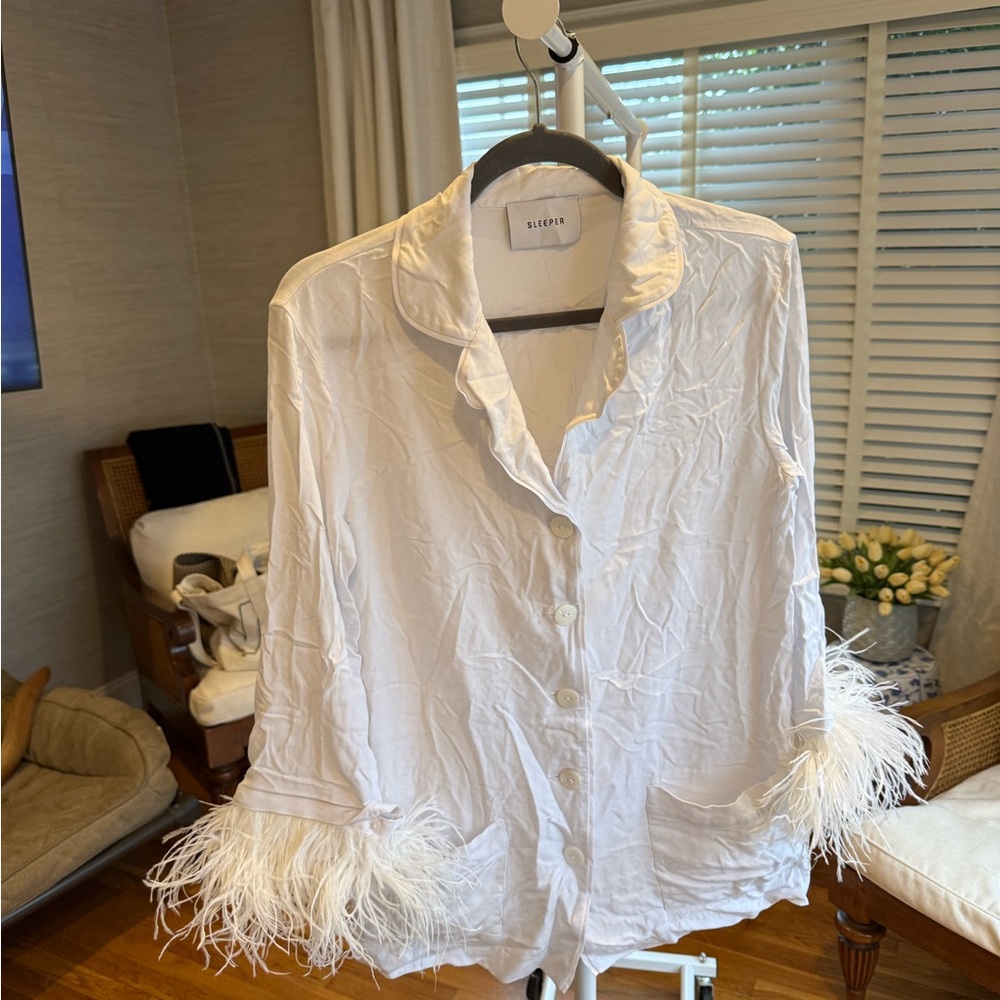 White Feather Trim Sleeper Pajamas (Top and Bottom)